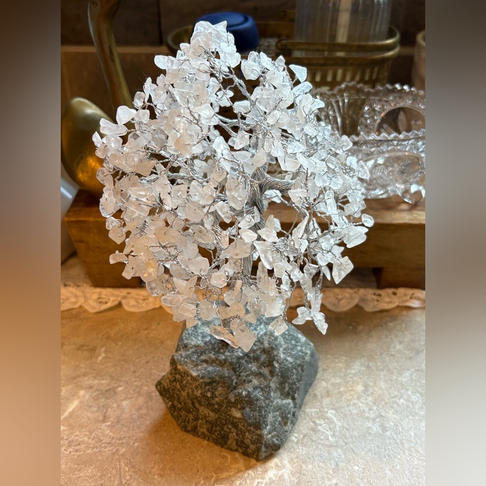Crystal Chip Gemstone Tree on Stone Base - White Decorative Accent